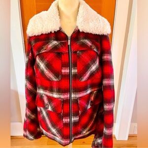 Cozy Red Plaid Teddy Jacket with White Collar, Brand BNCI @ Anthropologie